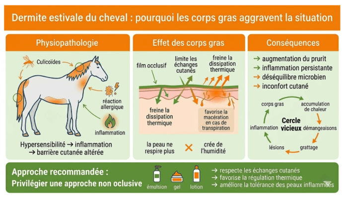les corps gras aggravent la situation du cheval avec une dermite estivale