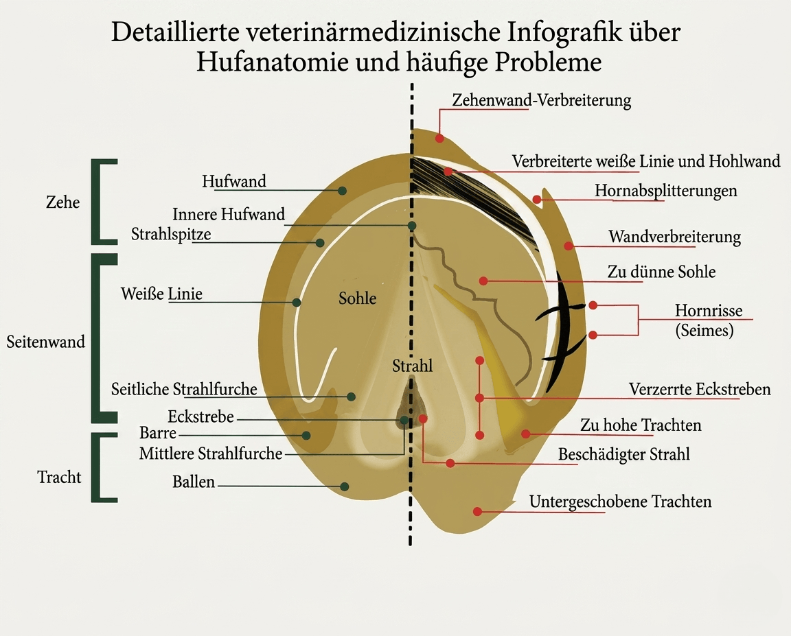 Hufrehe beim Pferd mit sichtbaren Verformungen unter dem Huf
