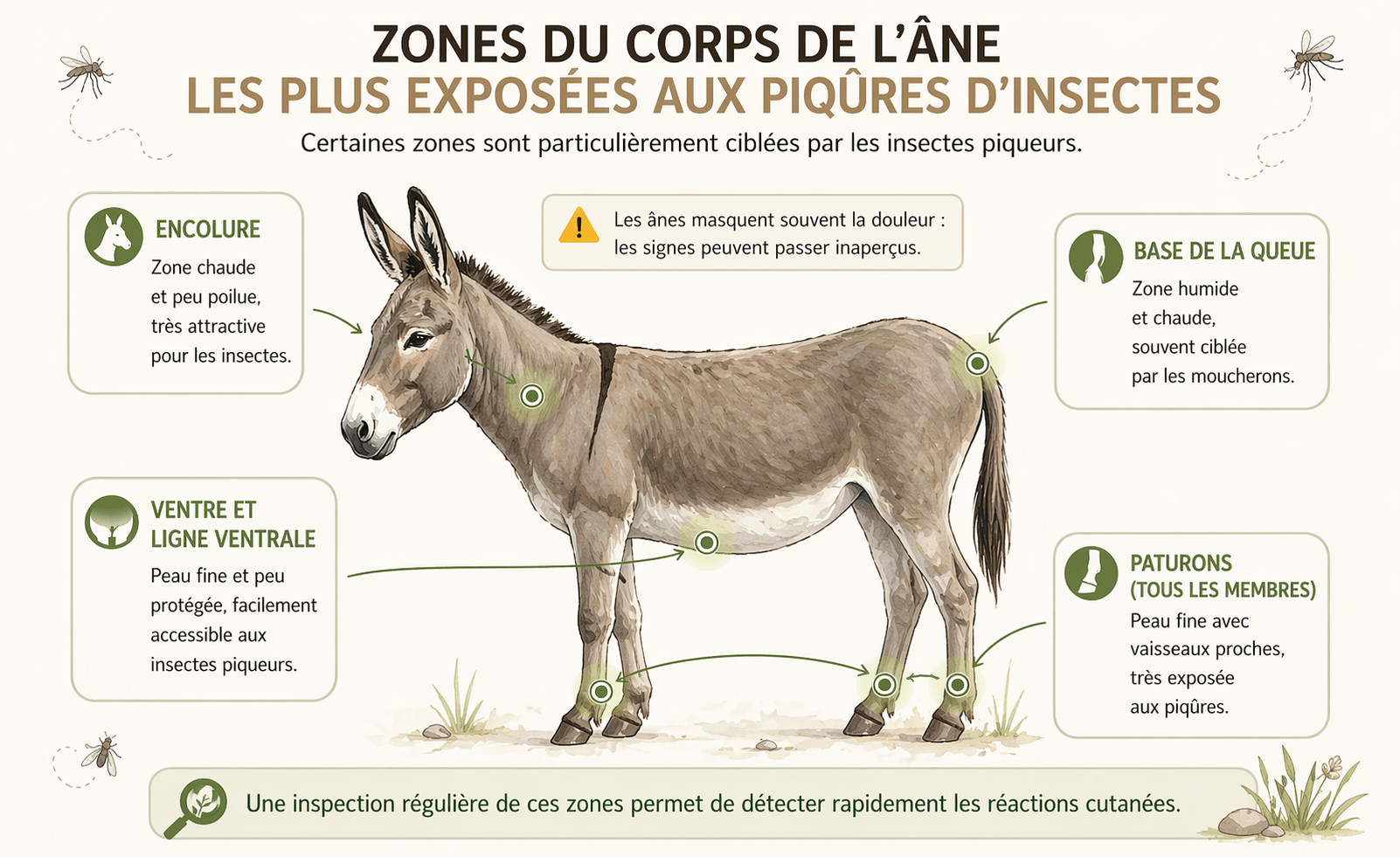Les zones du corps de l'&acirc;ne les plus expos&eacute;es aux piq&ucirc;res d'insectes