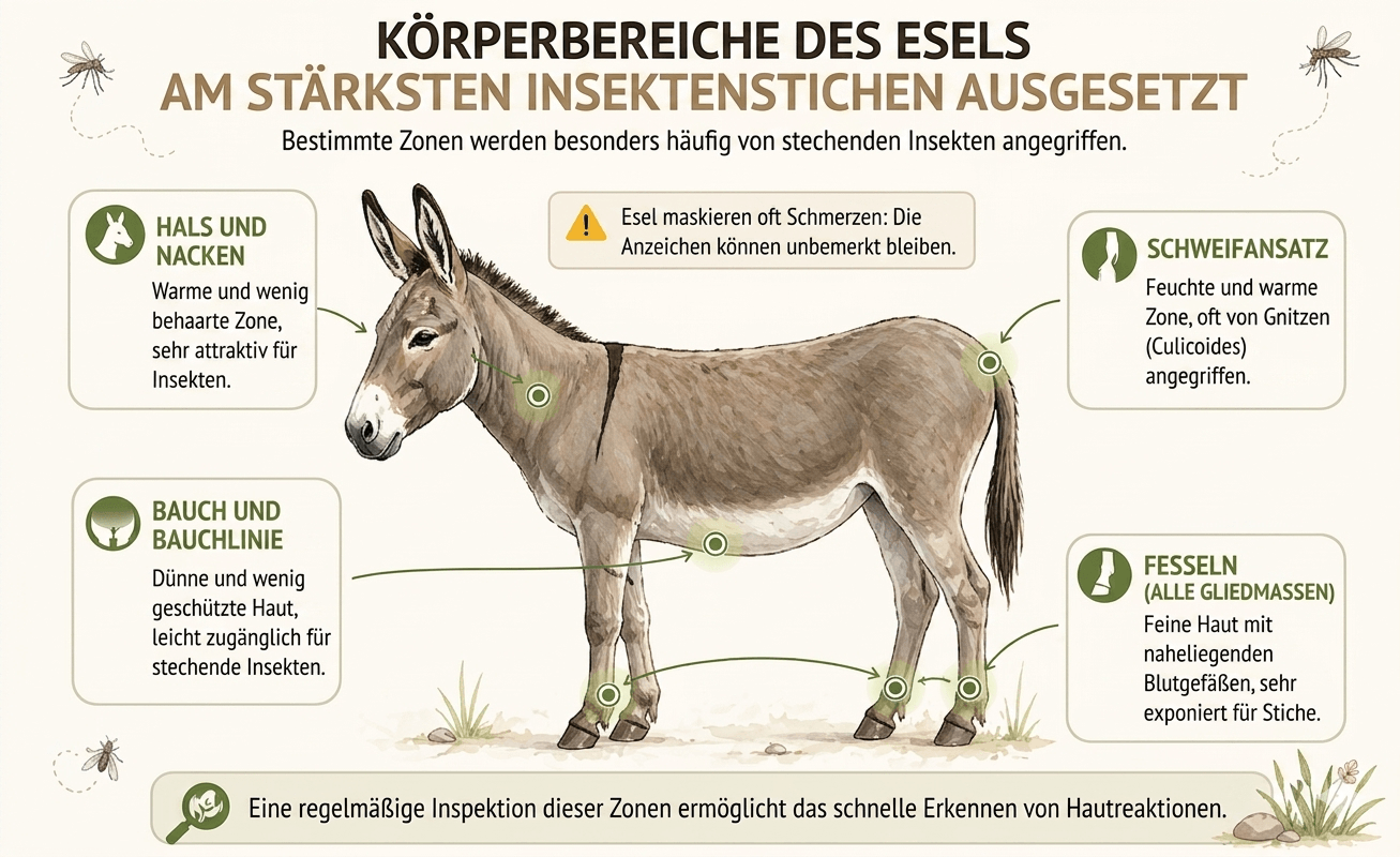 K&ouml;rperbereiche des Esels am st&auml;rksten Insektenstichen ausgesetzt
